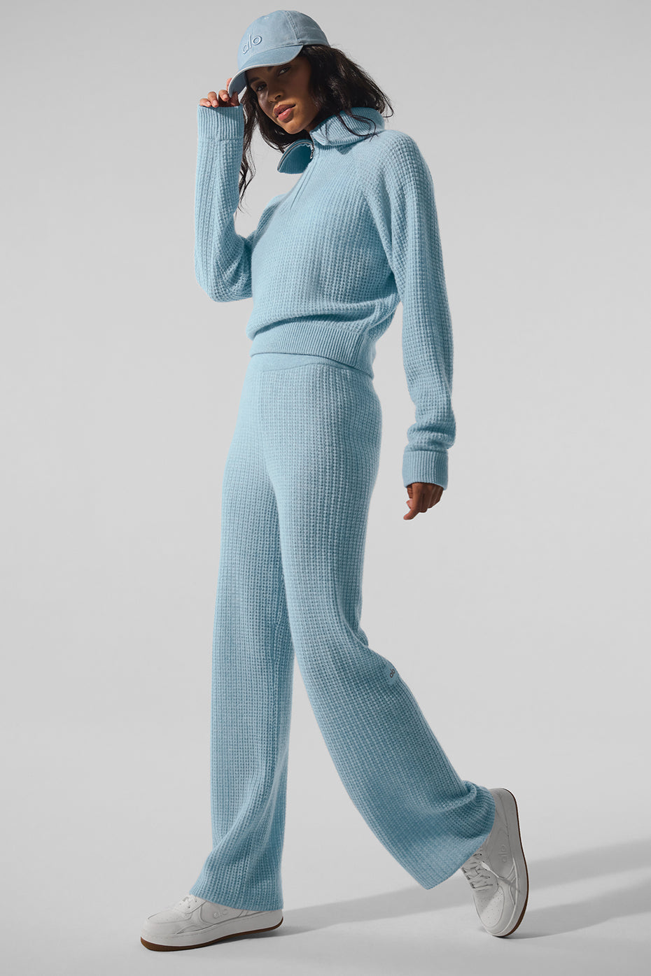 Kaschmir-Plüsch-Waffelstrick-Pullover mit 1/4-Reißverschluss - Celestial Blue Heather