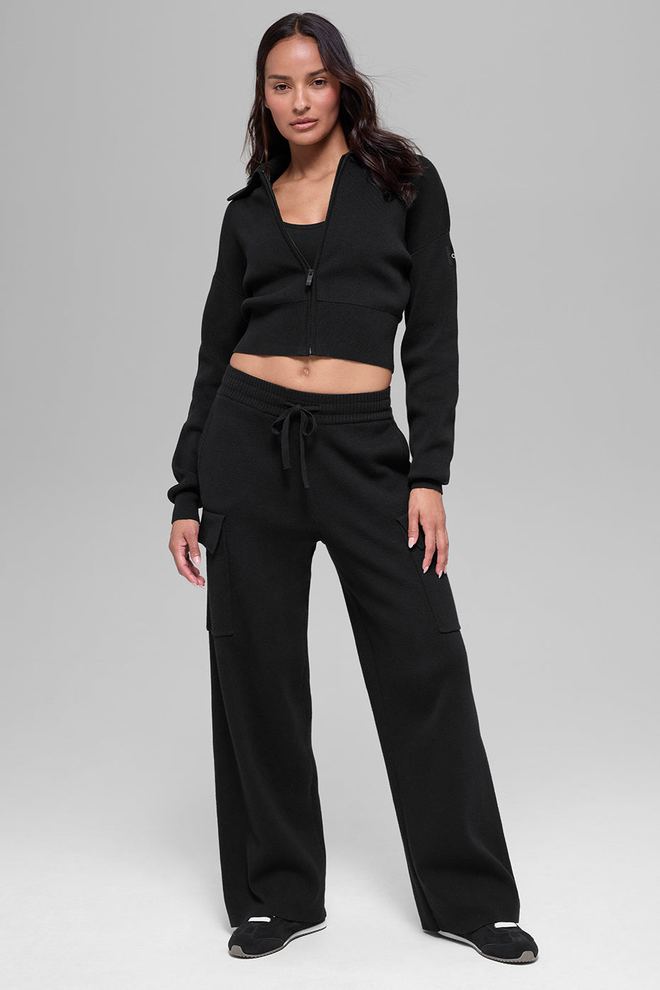 Scholar Knit Cropped Full-Zip Jacke – Schwarz