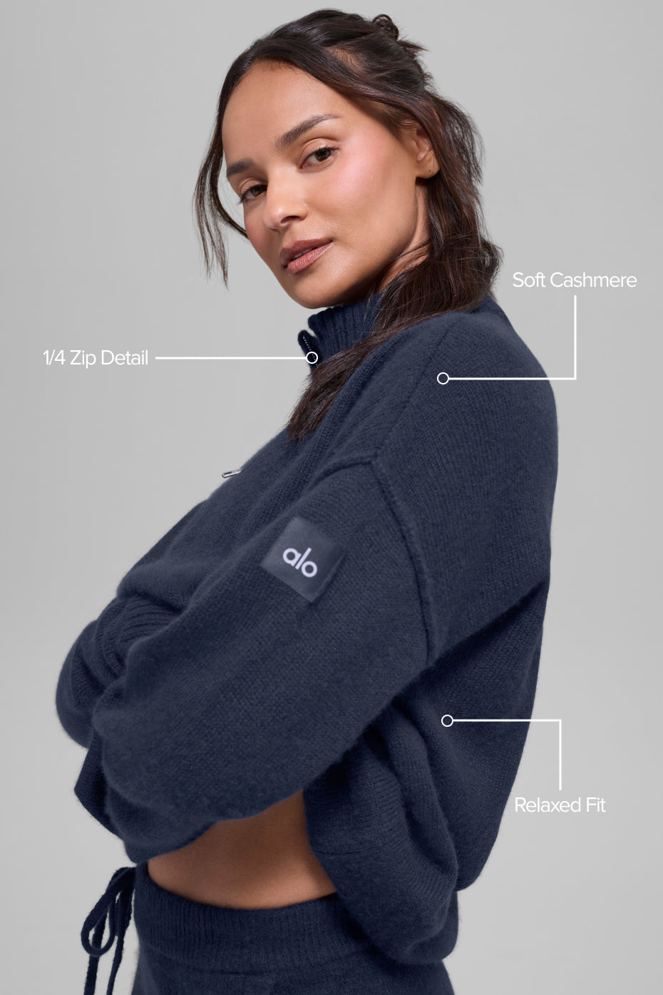 Pullover aus Wolle und Kaschmir mit 1/4-Reißverschluss – Marineblau