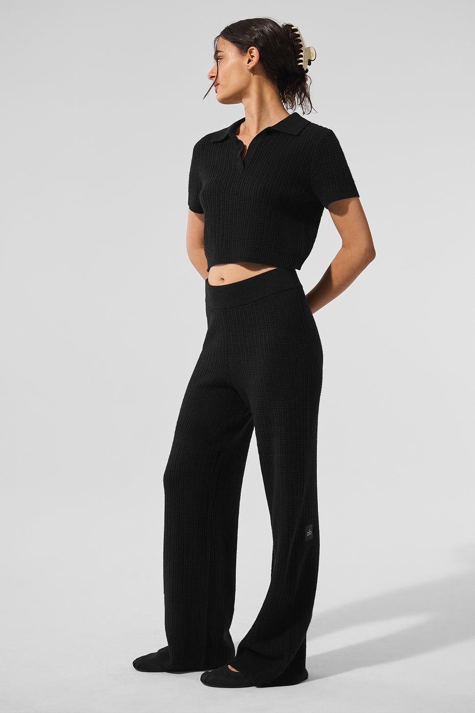 Cashmere Plush Waffle Polo Tee - Black