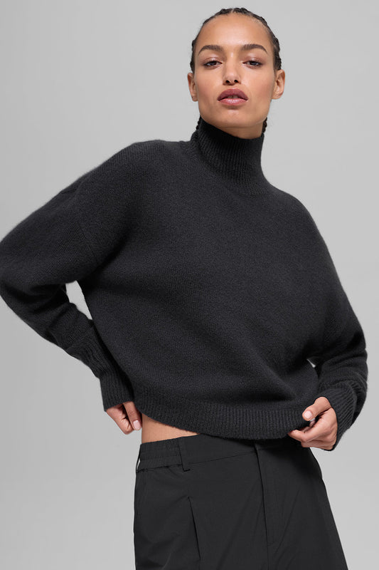 Wool Cashmere Cropped New Class Turtleneck Sweater - Black