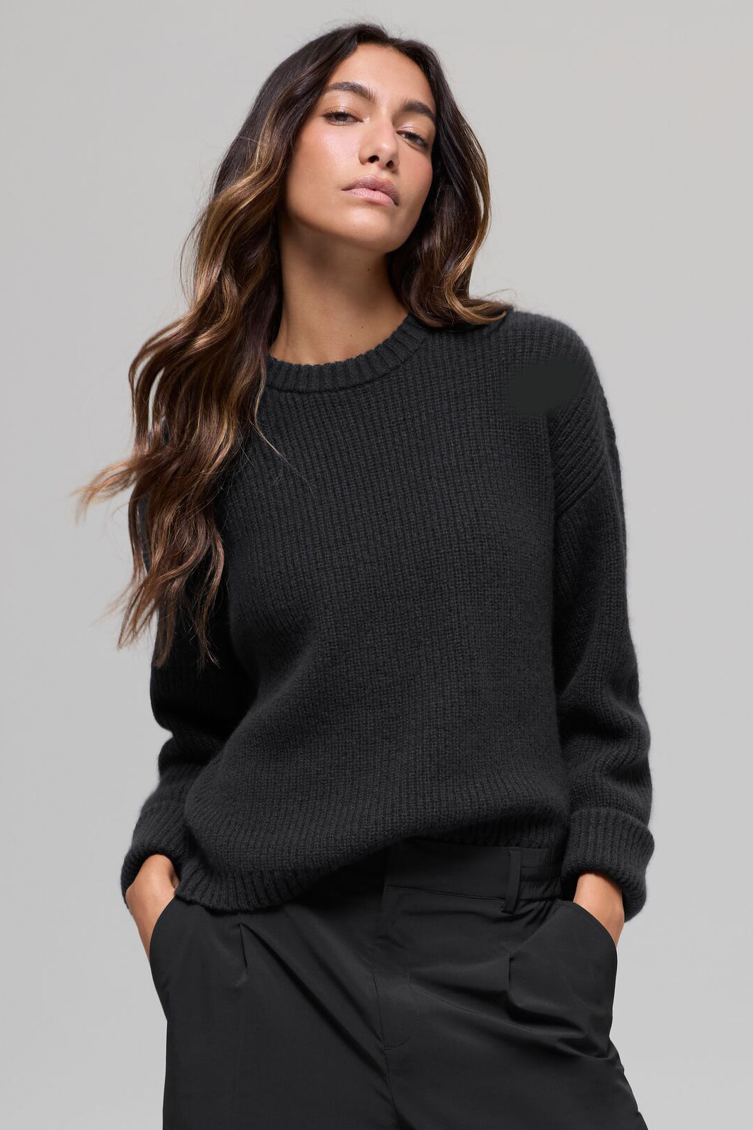 Wool Cashmere Ribbed Noble Crewneck Sweater - Black