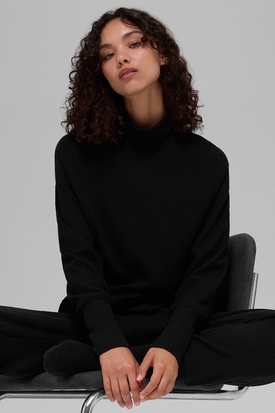Waffle Weekend Escape Mock Neck Long Sleeve - Black