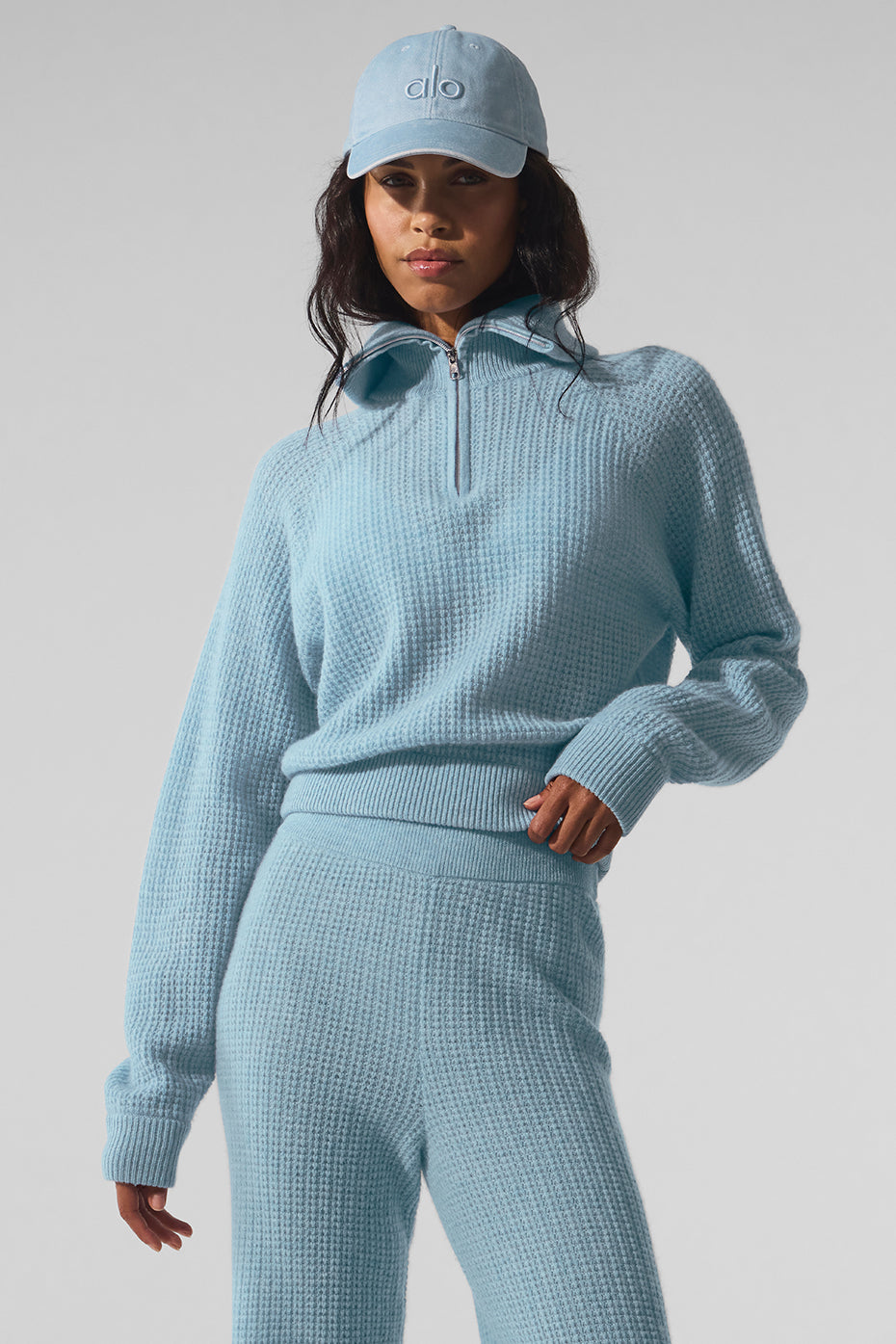 Kaschmir-Plüsch-Waffelstrick-Pullover mit 1/4-Reißverschluss - Celestial Blue Heather