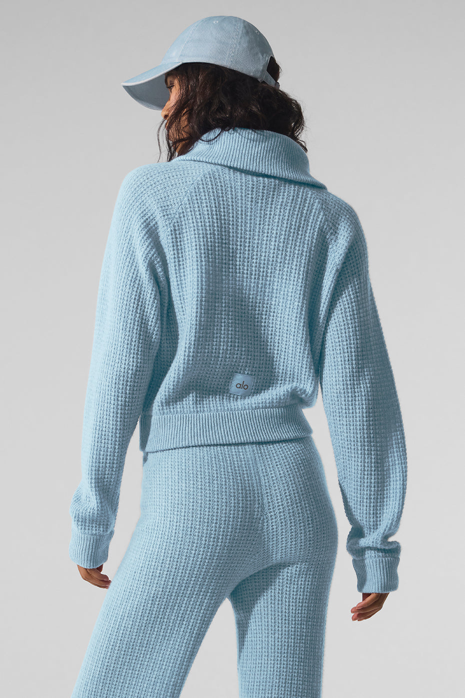 Kaschmir-Plüsch-Waffelstrick-Pullover mit 1/4-Reißverschluss - Celestial Blue Heather