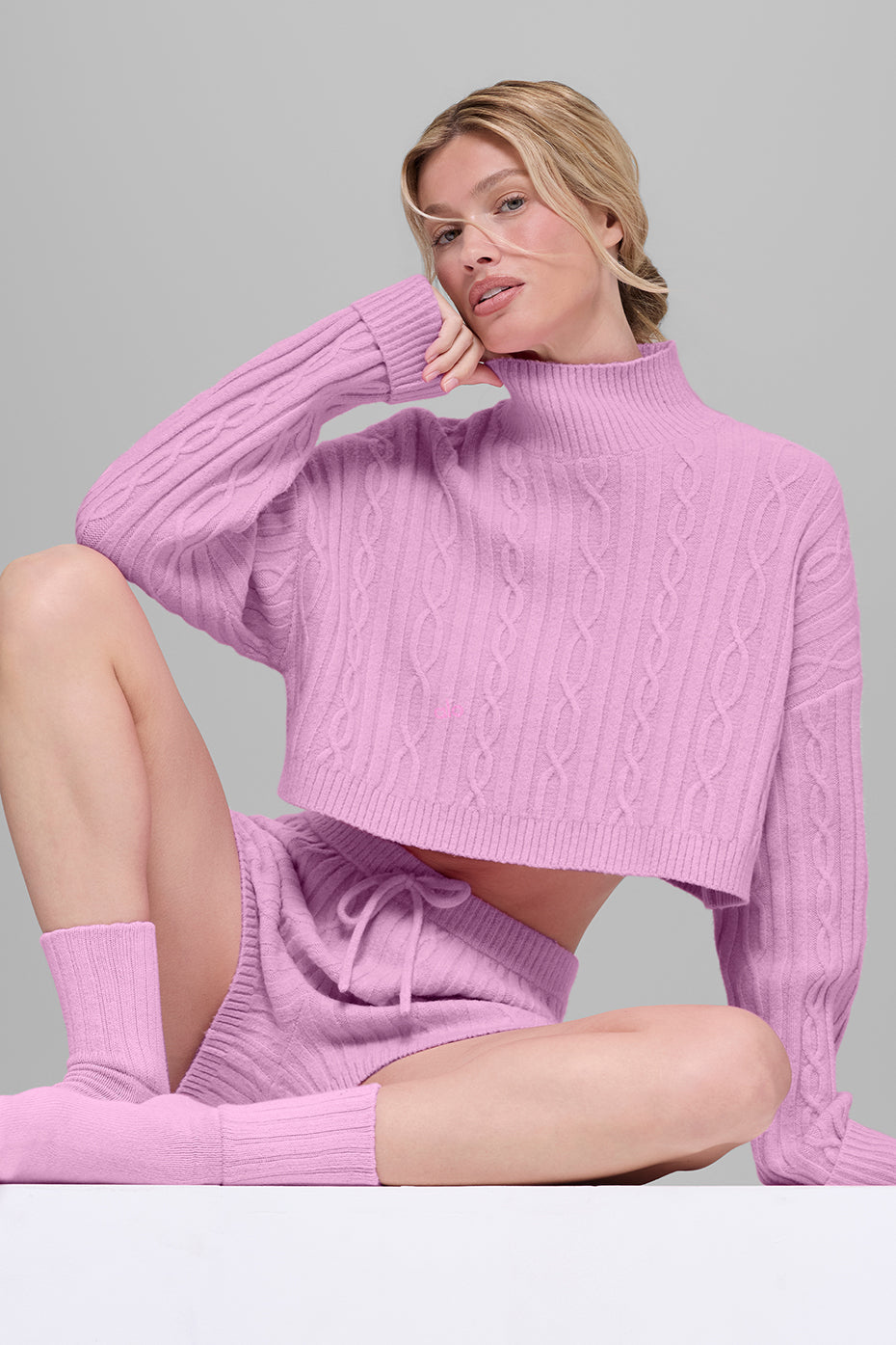Zopfmuster Kurzer Winter Bliss Rollkragenpullover Langarm - Candy Heart Pink