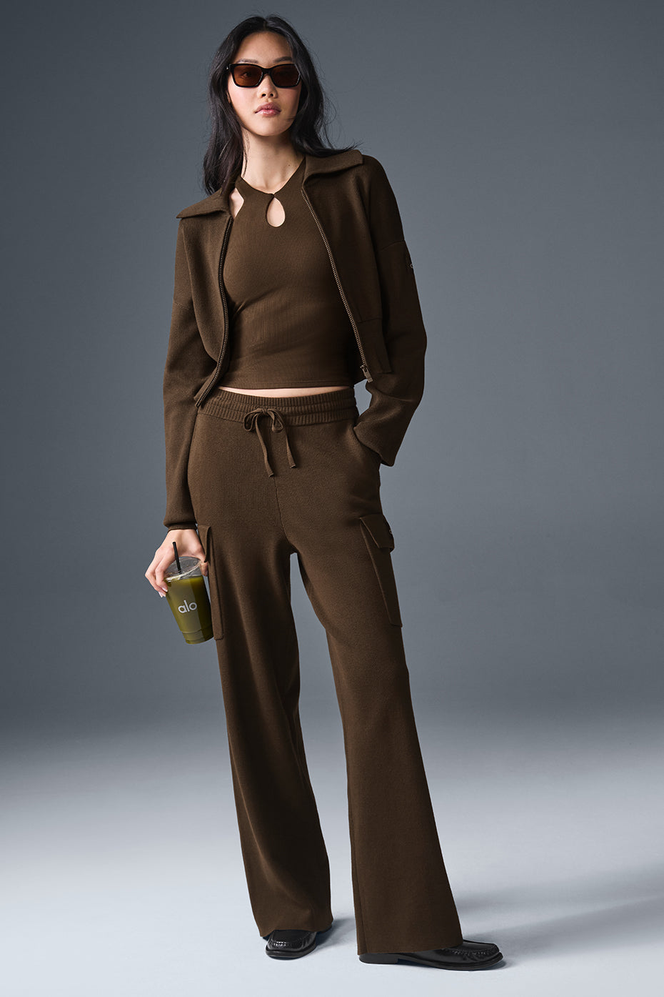 Scholar Knit Cropped-Jacke mit durchgehendem Reißverschluss - Espresso