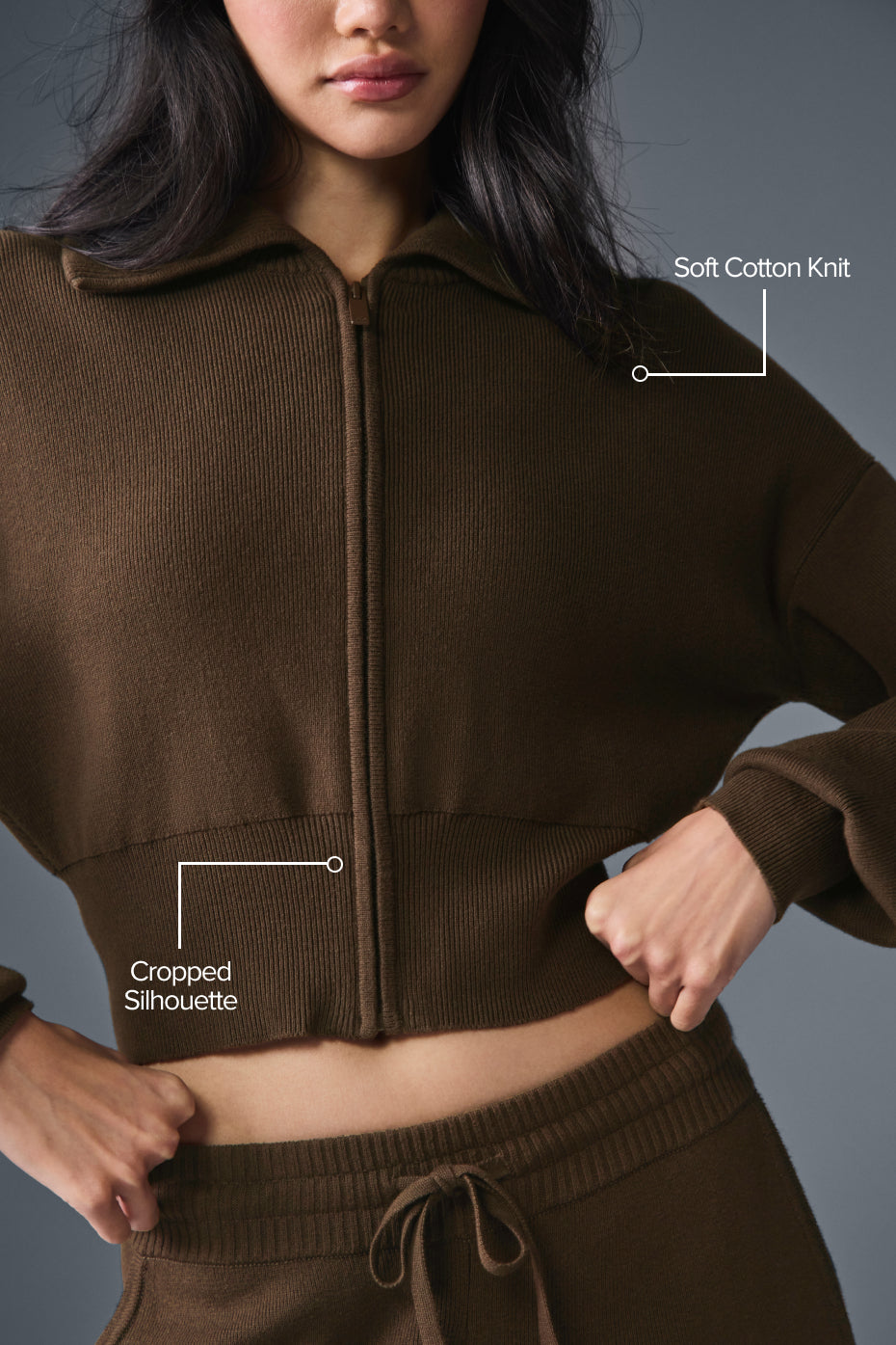 Scholar Knit Cropped-Jacke mit durchgehendem Reißverschluss - Espresso