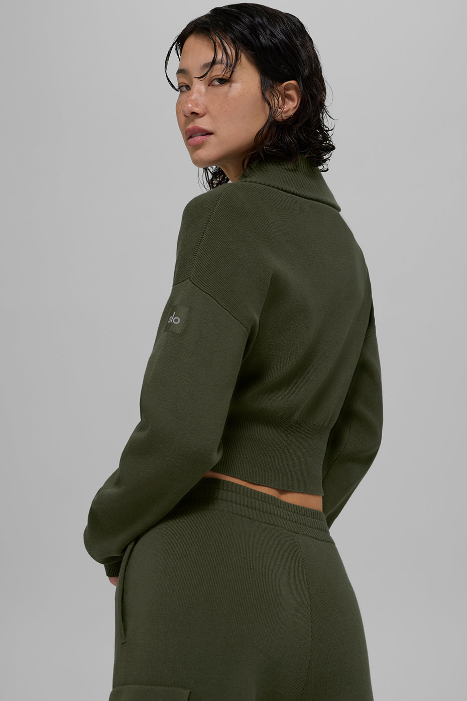 Scholar Knit Cropped-Jacke mit durchgehendem Reißverschluss – Olivgrün