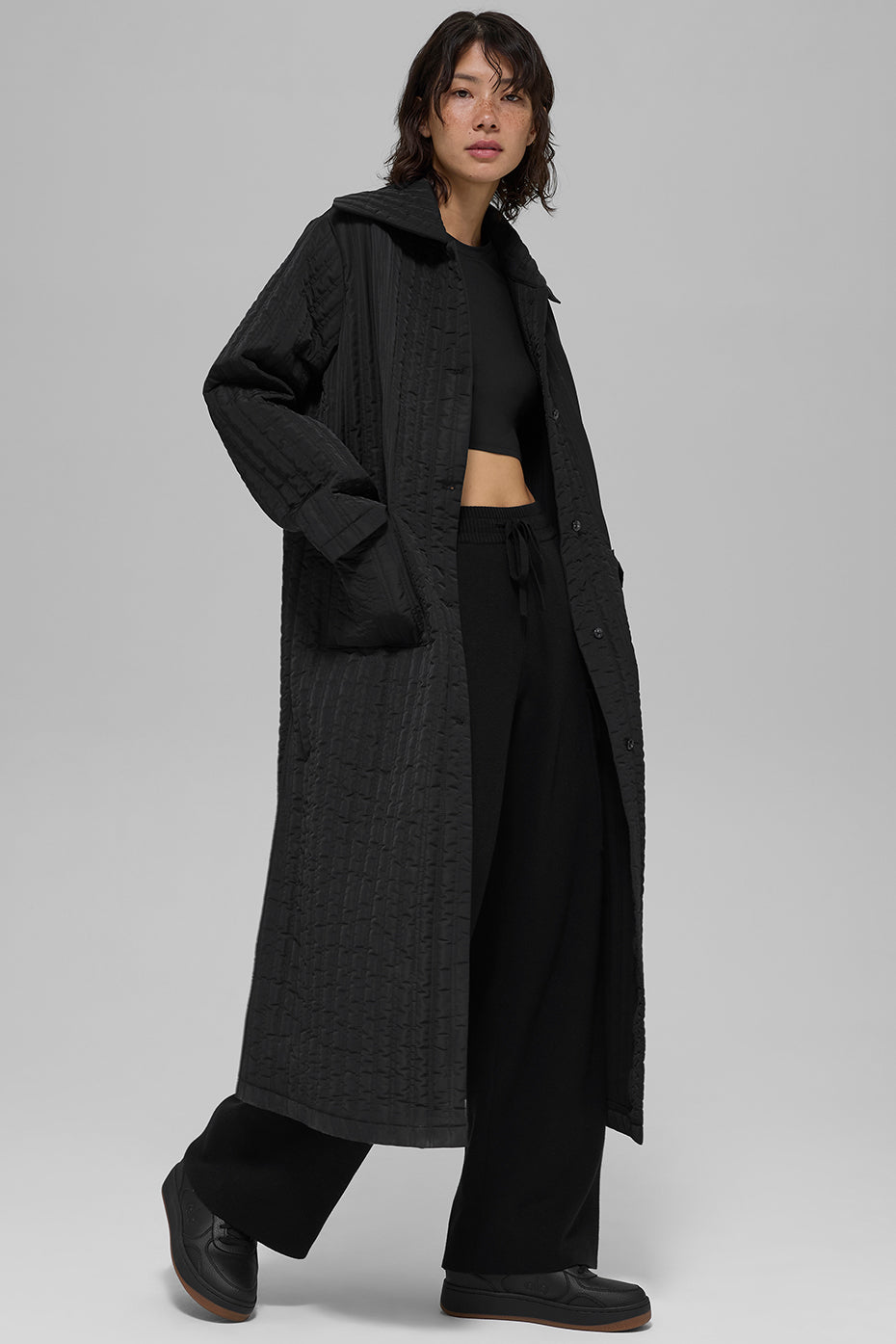 Quilted Skyline Long Coat - Black