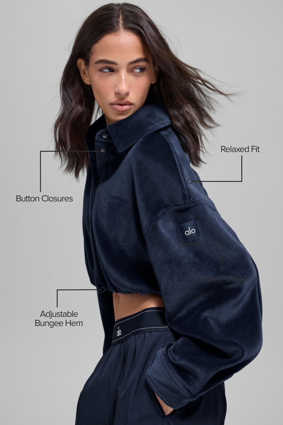 Ribbed Velour Cropped Mountain Side Jacket - Navy