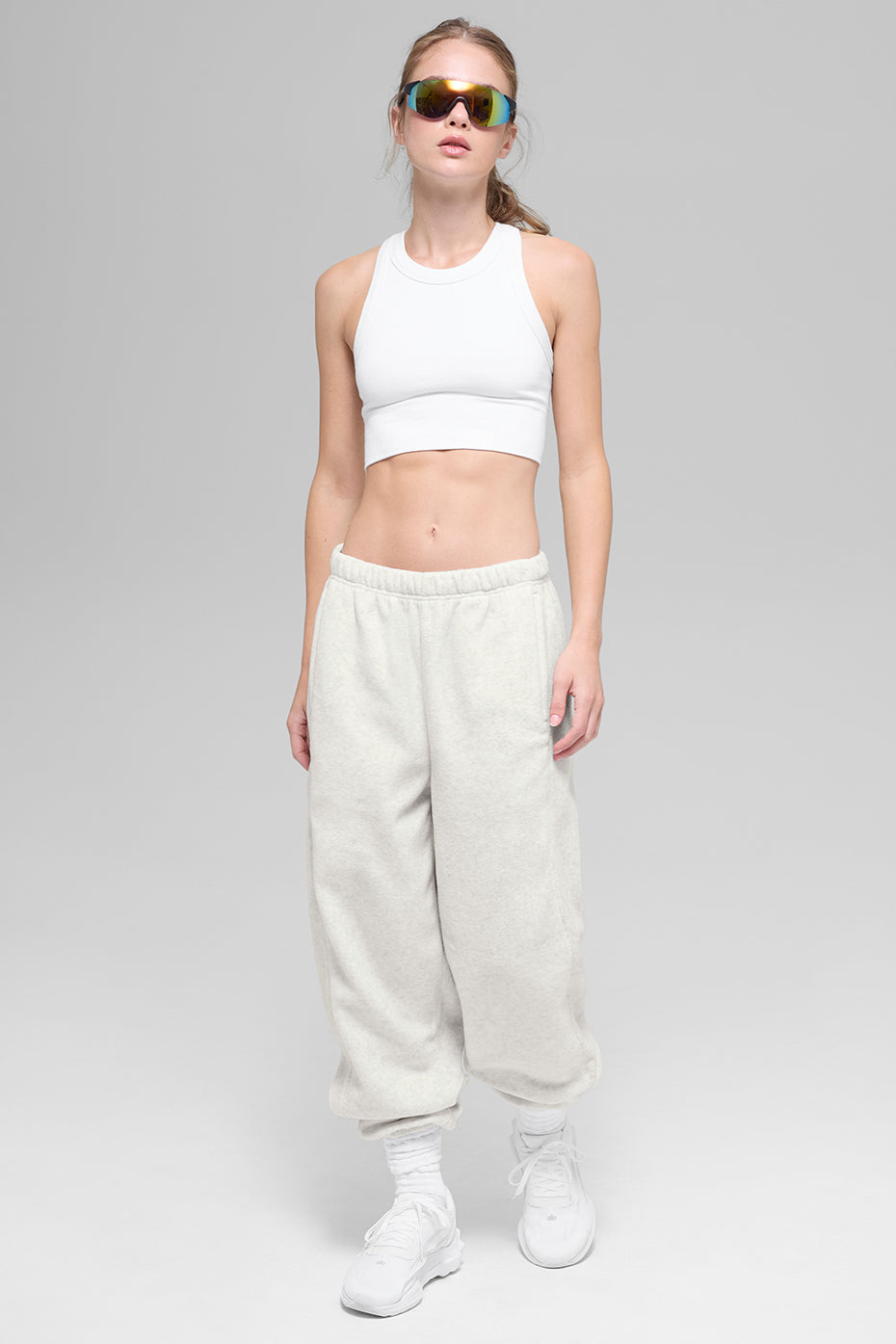 Jogginghose mit hohem Bund aus Polar-Fleece – Weißmelange