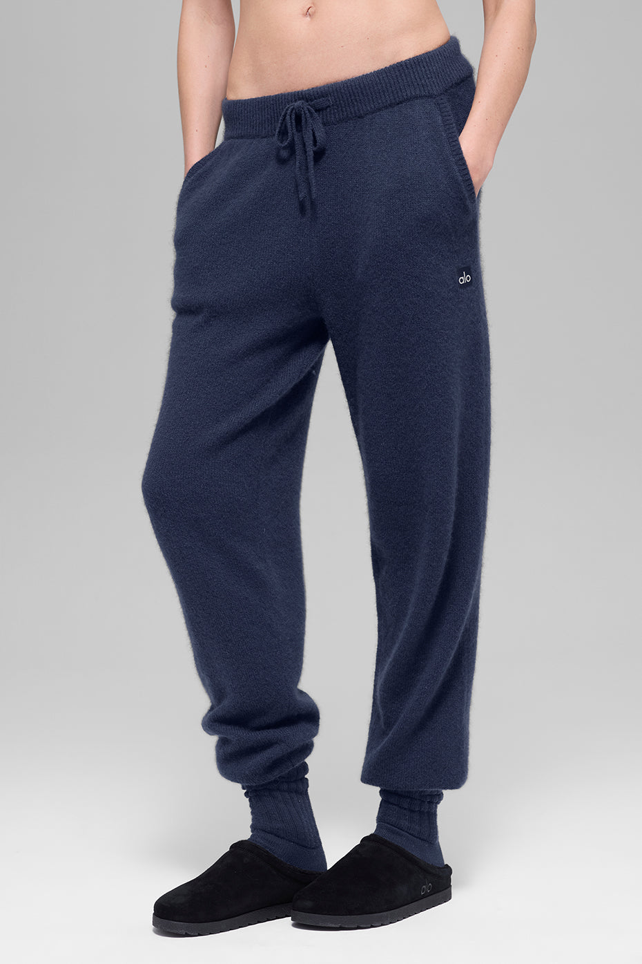 Jogginghose aus Wolle und Kaschmir mit hoher Taille – Marineblau