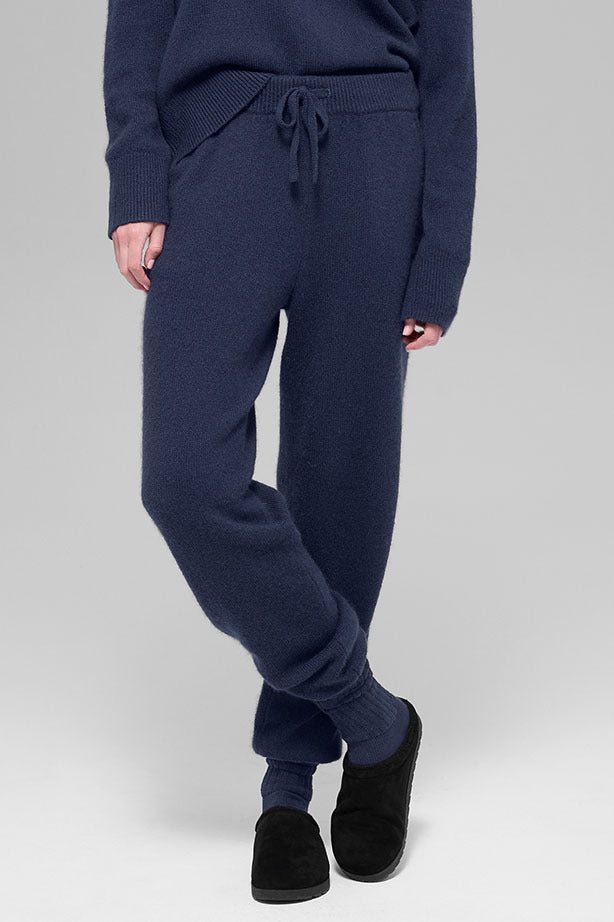 Jogginghose aus Wolle und Kaschmir mit hoher Taille – Marineblau